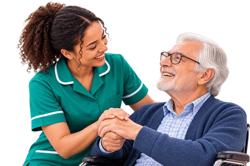 A smiling Nazareth caregiver holding the hands of an elderly man