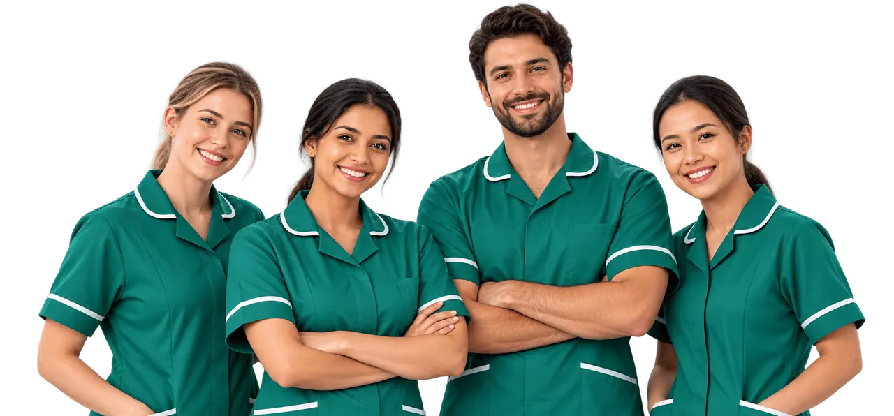 Four smiling Nazareth caregivers in green uniforms