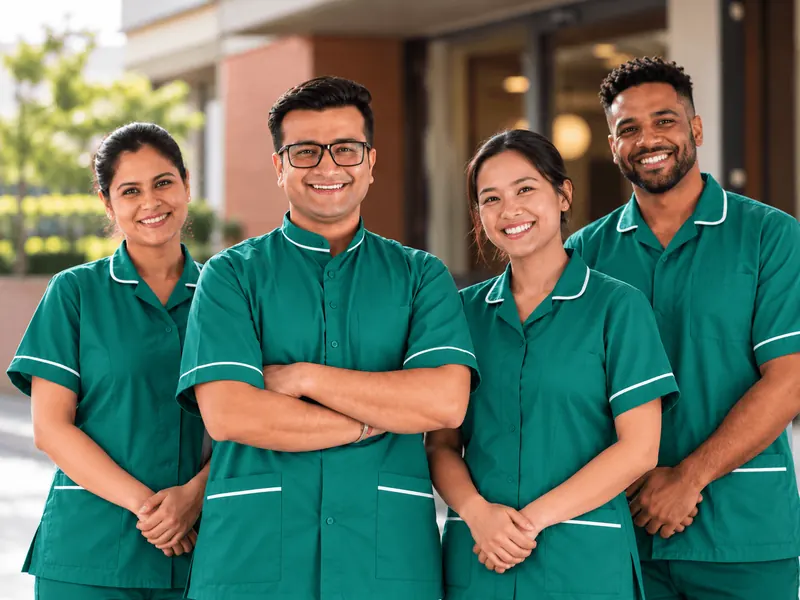 Four smiling Nazareth caregivers in green uniforms standing together