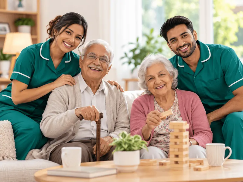 Two Nazareth caregivers smiling with an elderly couple in a bright living room