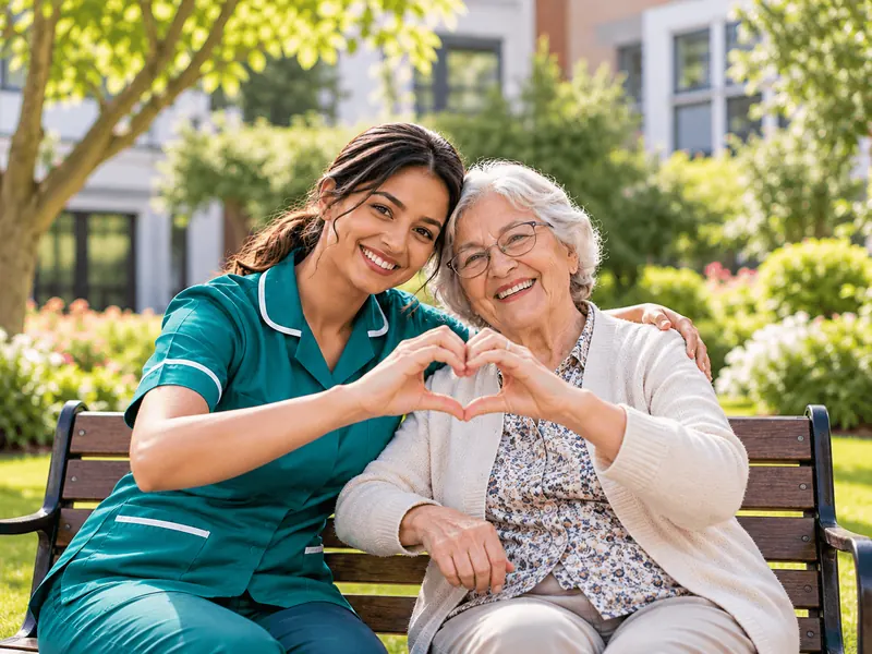 A smiling caregiver and an elderly woman sitting together on a garden bench, making a heart shape with their hands